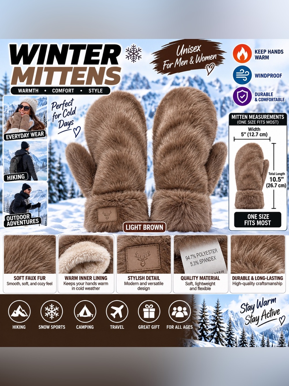 Unisex Winter Faux Fur Mittens Light Brown Warm Plush Lined One Size Soft Cozy